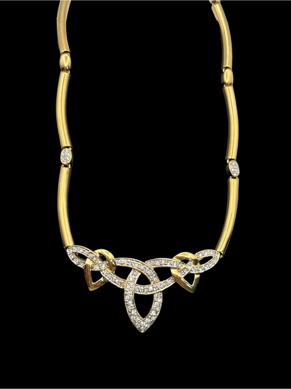 Celtic knot trinity gold tone rhinestone statement necklace